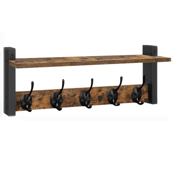 Jack Brown Wooden Wall Shelf with Hanging Metal Hooks