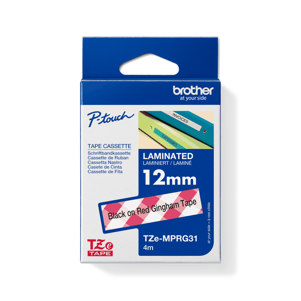Brother TZe-MPRG31 Black on Red Gingham Laminated Tape 12mm