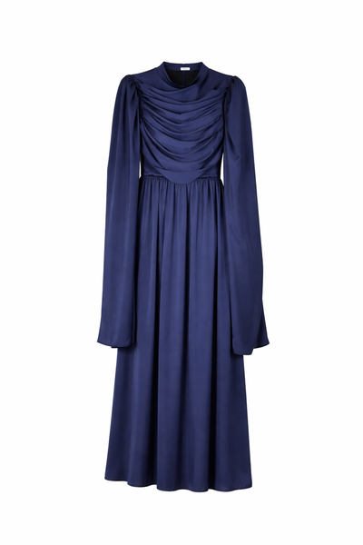 Elegant Draped Floor Length Modest Dress with Pleating - Light Brown