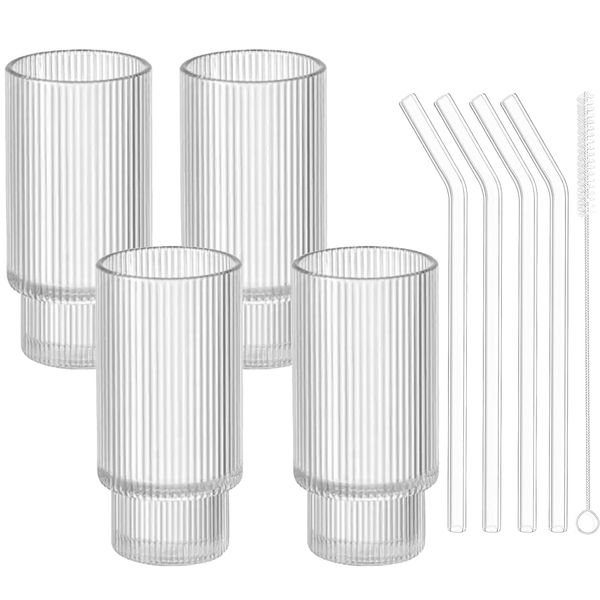 Drinking Glasses High Ball Ribbed Style 500ml - Set of 4 with Glass Straws