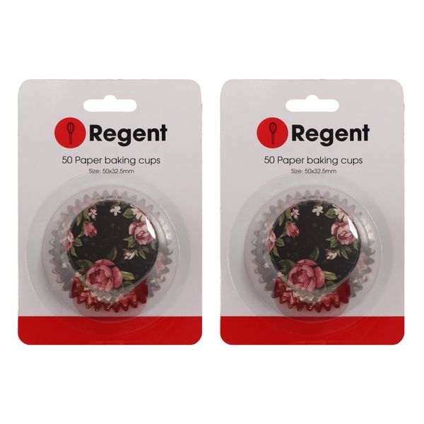 Regent Cake Cups Black With PinkRoses And White Daisies50X32.5mm 2 Pack 100 Pieces