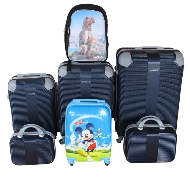5-Piece Luggage Set -Navy ABS Suitcases + Kids Mickey &amp; Dinosaur Schoolbag