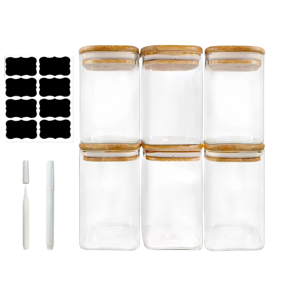 Kitchen storage set - Set of 6 Glass Jars (1100ml) with Labels &amp; Marker