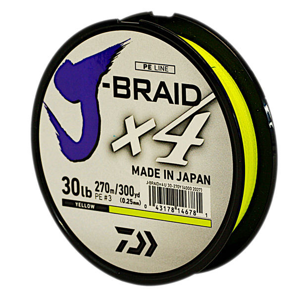 Daiwa J-Braid X4 Braided Fishing Line, 13.6KG/30LB .25MM, Colour Yellow, 270m Spool