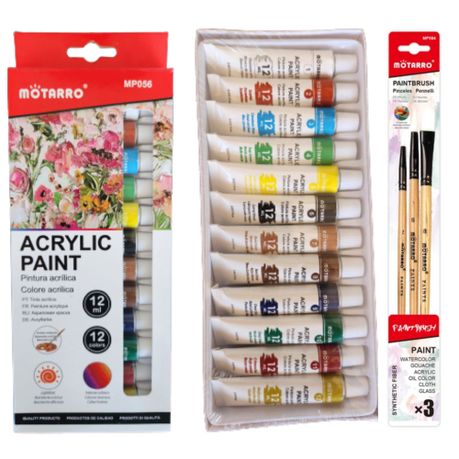 Acrylic Paint 12 Colour 12ml Tubes Art And Crafts Set with 3 Added Brushes