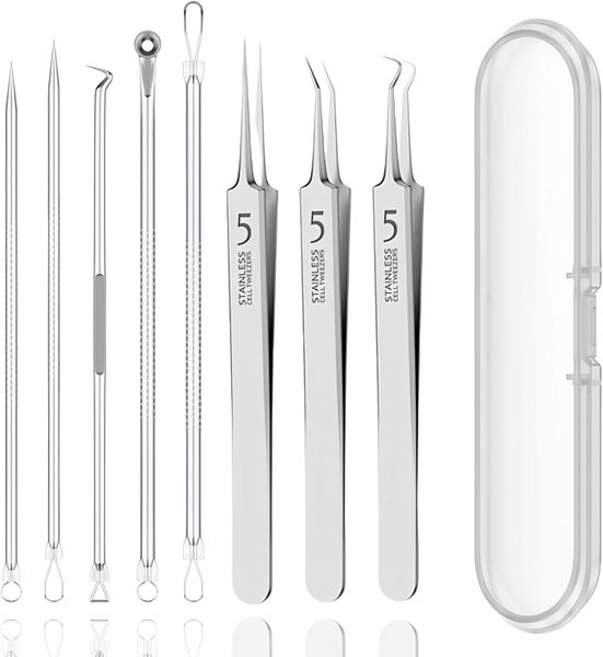 Blackhead Remover Set 8Pcs - 3 Pore Tweezers + 5 Double-Ended Extractors