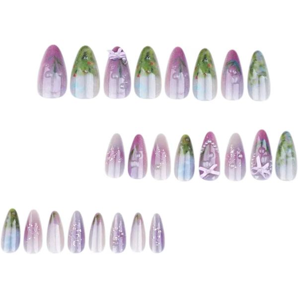 Almond Press on Nails Medium Blue Green Fake Nails Bow Pearl