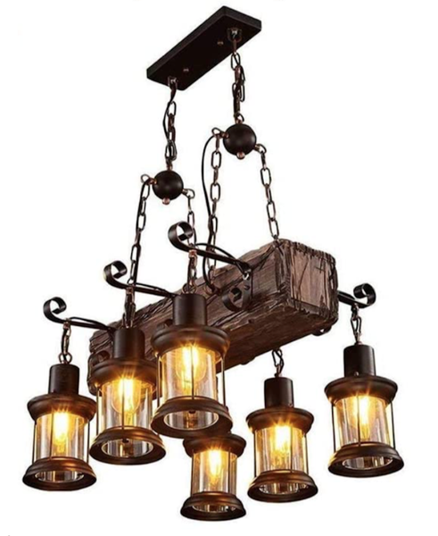 Vintage 6 Lamp Wooden Pendant