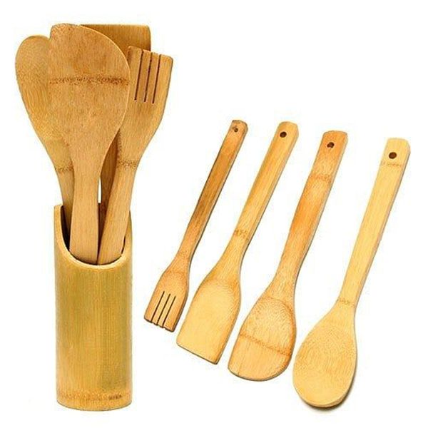 Natural Bamboo Cooking Spoon Set with Stand - 02