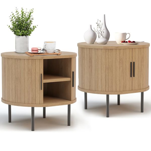 2 Pcs Side Table Nightstand Sliding Door End Bedside Table Storage Cabinet