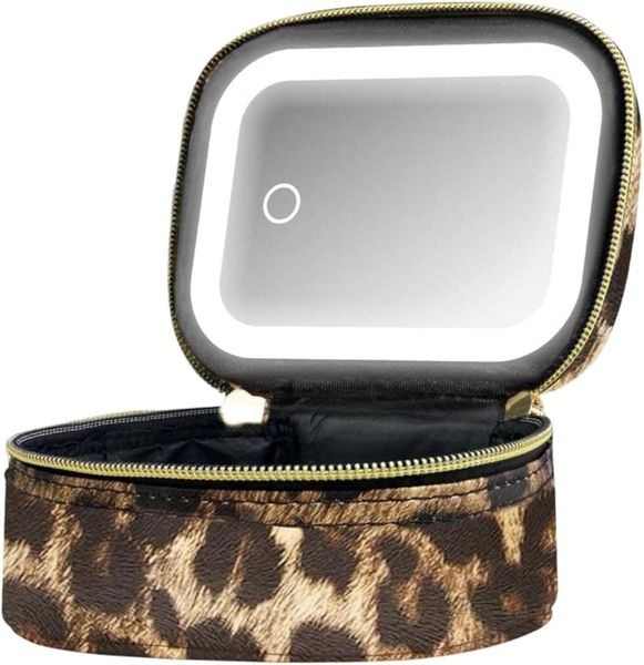 Travel Makeup Bag with LED Mirror Leopard Print