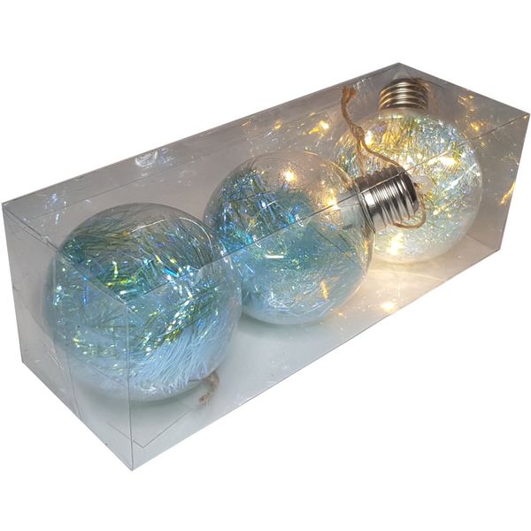 Light Up Tinsel Christmas Baubles - Self Lit Christmas Balls - 3 Pack
