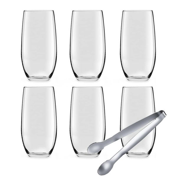 Highball Mojito,Cocktail,Juice,Mixed Set of 6 Glasses With Ice Cube Tongs