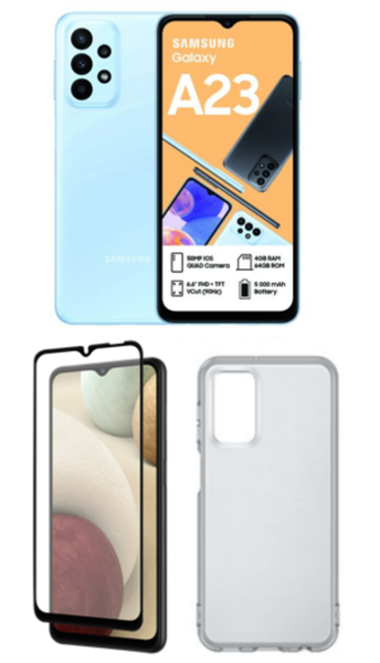 Samsung Galaxy A23 Blue, Galaxy A23 Clear Case &amp; Tempered Glass - Bundle