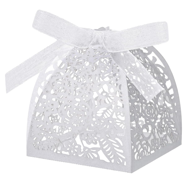 50-Piece Elegant Laser-Cut Favor Boxes With Ribbon Bow - White