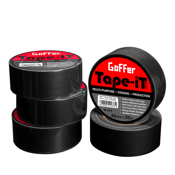 Tape-iT 5 Pack of 2inch Black Gaffer Tape Rolls 48mm x 25m | Ti4825BG5