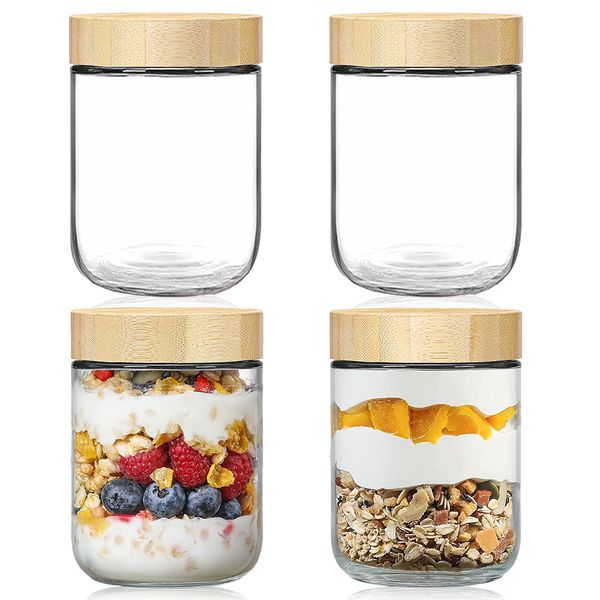 16oz Glass Overnight Oats Containers with Bamboo Lids and Spoon 4 Pack