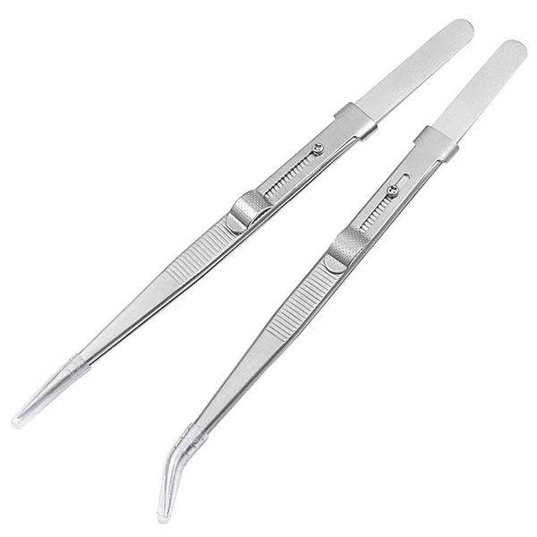 2PC Precision Stainless Steel Tweezers: Straight &amp; Curved Lock Tips