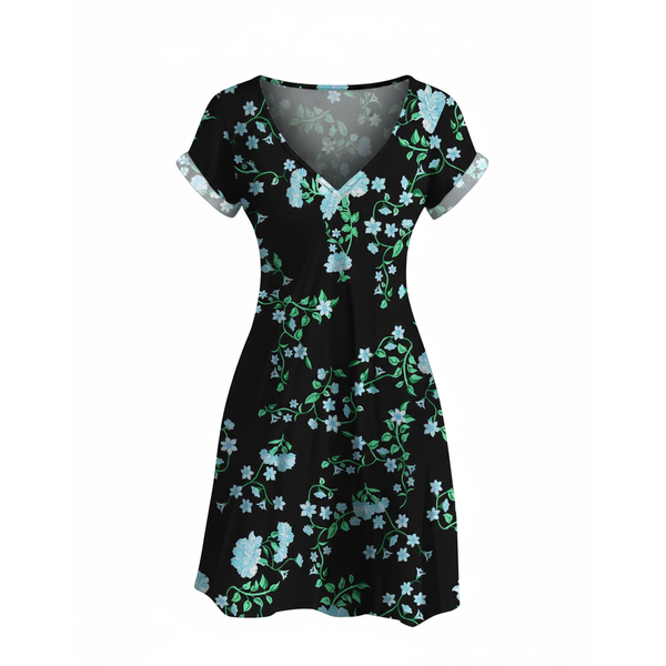 V-neck Loose Short Sleeve Dress - Multicolor