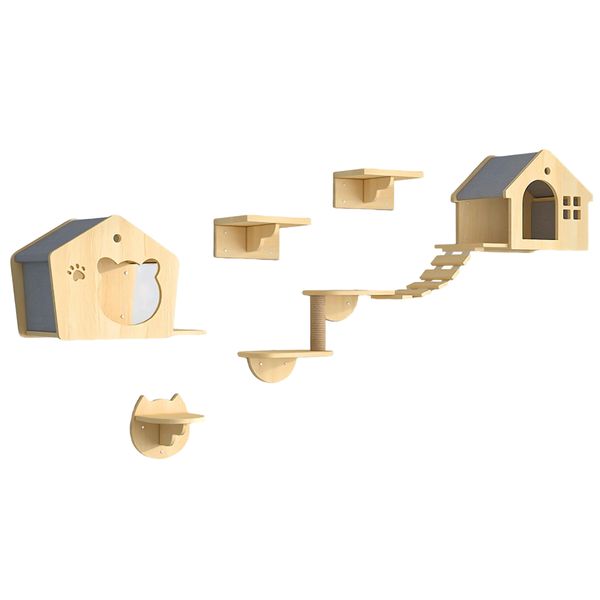 Cat Wall Shelves for Large Cats, 7 Piece Solid Pine Cat Wall Furniture Set