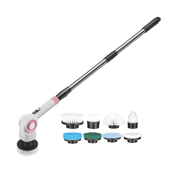 Cordless Spin Scrubber with 9 Brush Heads&amp;3 Speeds&amp;LED Display&amp; Adjustable
