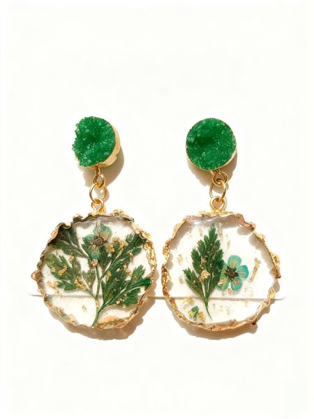 Botanical Resin Drop Earrings with Green Druzy Studs