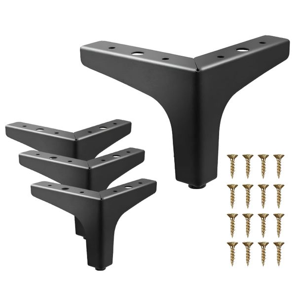 4 Pcs Iron Modern Furniture Triangle Legs with Silicone Pads - Black