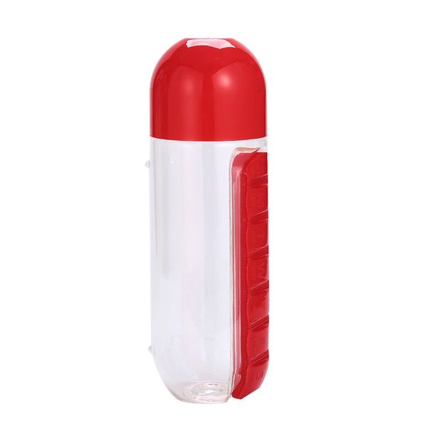 2-in-1 600ml Water Bottle with Pill &amp; Vitamin Box Organizer - Red