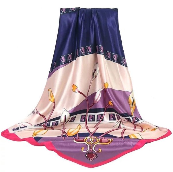 Lady's Satin Silk Scarf with Orange/White Flowers - Pink/Purple