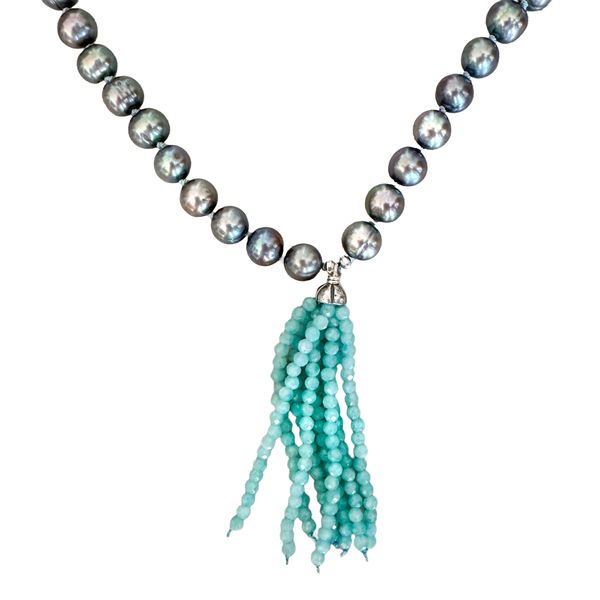 Hand-Knotted Black Pearl and Amazonite 90cm Long Necklace. Toggle Closure