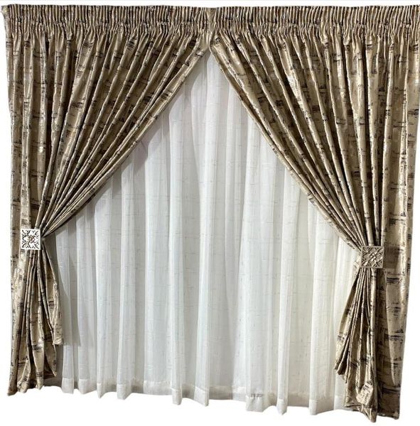 AF IMPEX Designs Brown, Gold Velvet Abstract Curtain Taped - 500w x 240