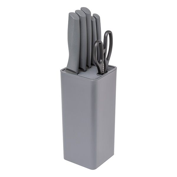 5five Grey Plastic Knifeblock with 5 Kitchen Knives &amp; 1 Kitchen Scissors