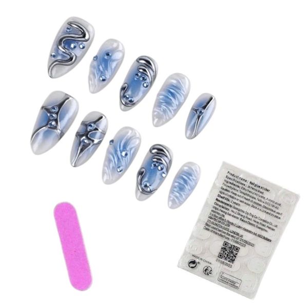 10 Piece - Metallic Blue Swirl Almond Press-On Nails