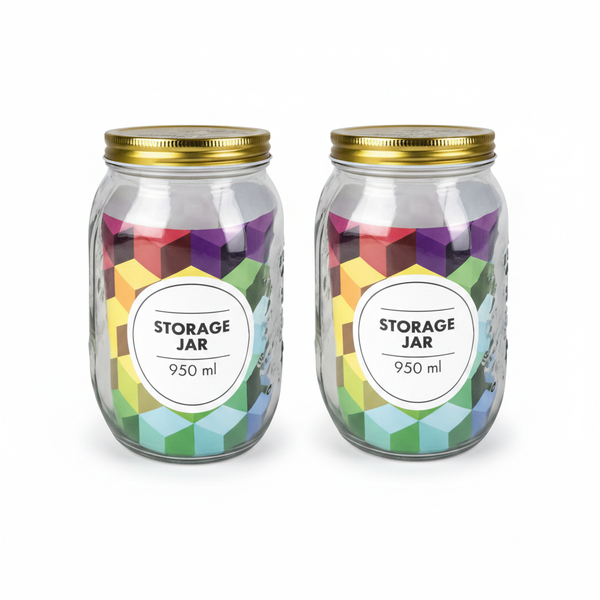 Glass Storage Jar with Lid, 950ml, 10x17cm - Airtight Seal - 2 Pack