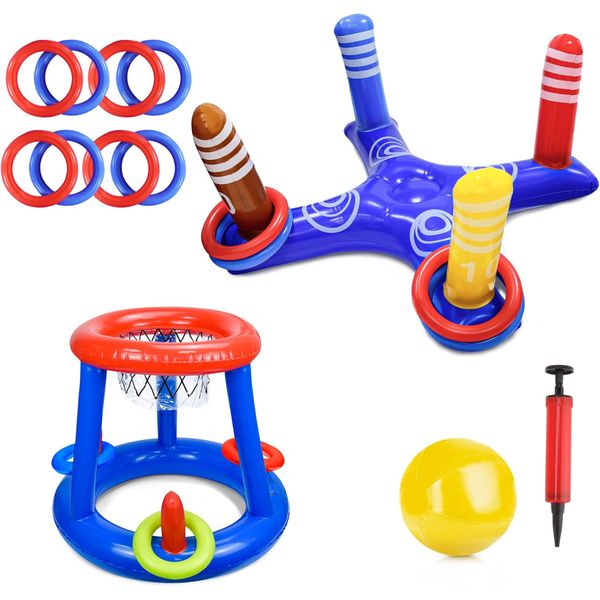 Inflatable Pool Ring Toss &amp; Basketball Game Set Floating for Water Play