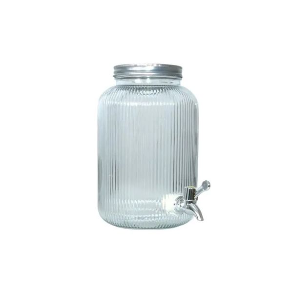 Ribbed Glass Aqua Beverage Dispenser with Metal Lid &amp; Tap - 4L