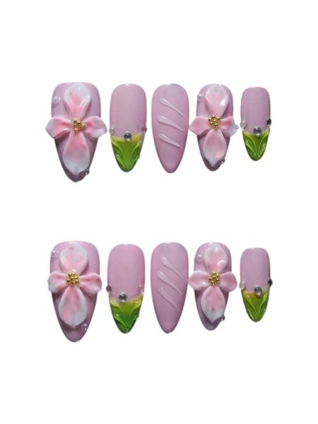 10 Pieces - Sculpted Charm Textured Almond Press-On Nails - Pink &amp; Green