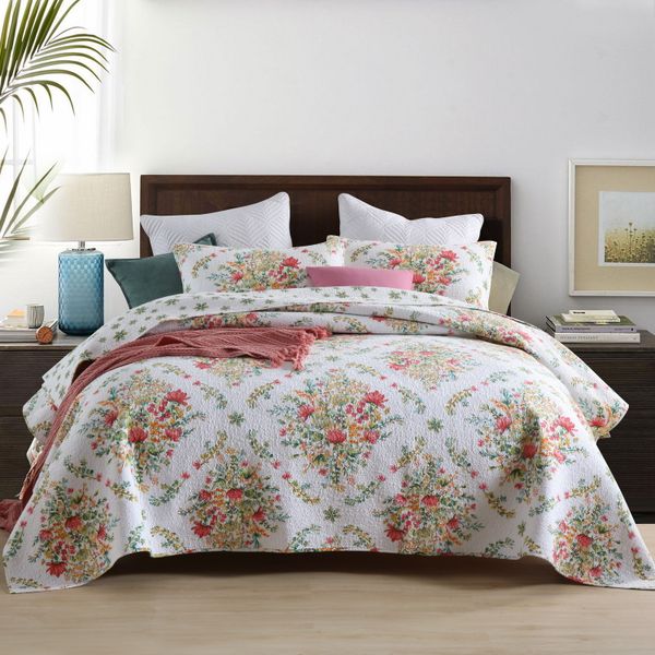 Luxurious Patchwork Bedspread 100% Cotton Quilted Embroidered-FloralWhite
