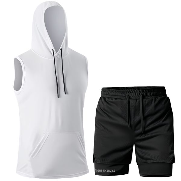 Men's Workout Training Set sports Hooded Tank Tops and Gym Shorts Set