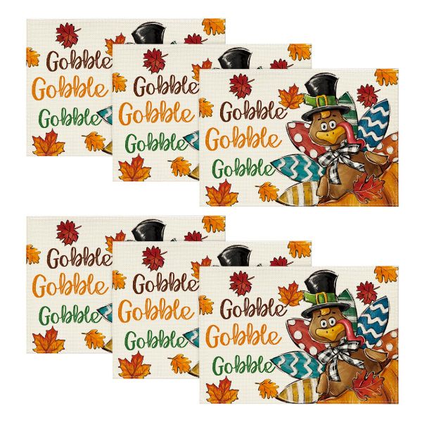 Gobble Turkey Maple Leaves Thanksgiving Placemats Set of 6