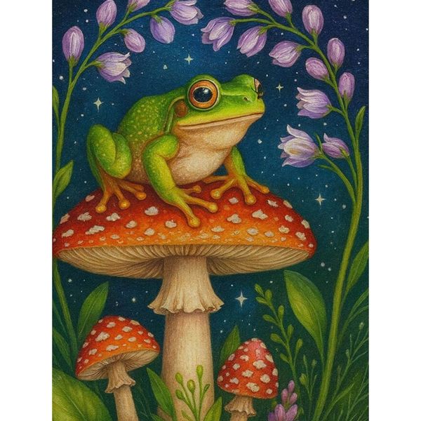 Frog on Mushroom Diamond Painting Kit, 5D Full Drill, Forest Decor