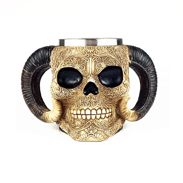 Double Ram Horn Skleleton Beer Mug Stainless Steel Floral Skull Cup