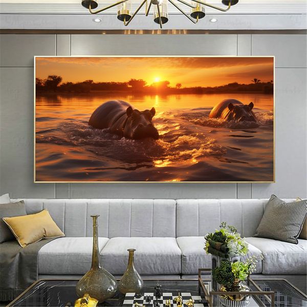 Canvas Wall Artwork - Hippo Sunrise Soak - 0616