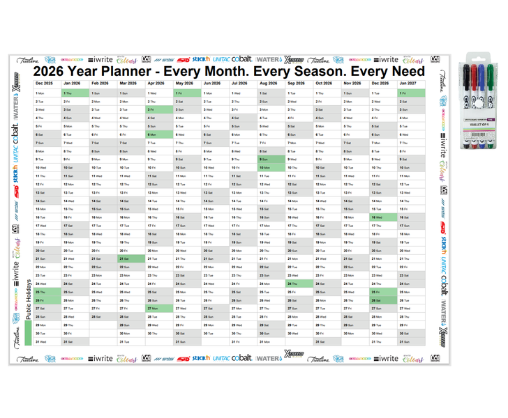 A2 2026 Markable Wall Planner + 4-Colour Dry-Erase Marker Set