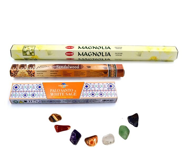 Chakra Stone set &amp; Incense Combo Pack-Magnoli&amp;Sandalwood&amp;PaloSanto
