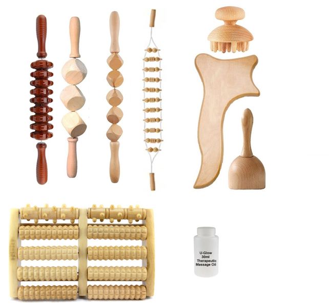Full Body Tools Wooden Massage Rollers with U-Glow Therapeutic Massage Oil