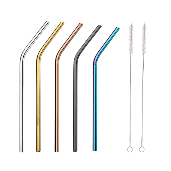 5 Pieces Bent Stainless Steel Straws With 2 Cleaning Brushes - Multicolor