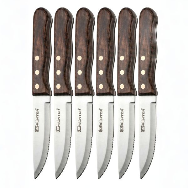 Grunter Steak Knife Deluxe Broad Blade Brown Handle - 6 Pack