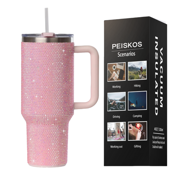 PEISKOS 1.2L Rhinestone Studded Shiny Diamond Flask with Handle Straw Lid