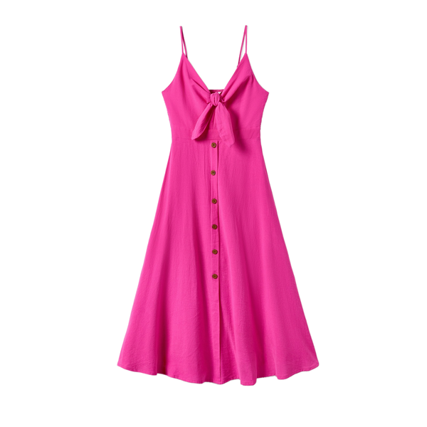 Summer Sundress-Spaghetti Strap-Front Tie Detail-Button-Down-Hot Pink